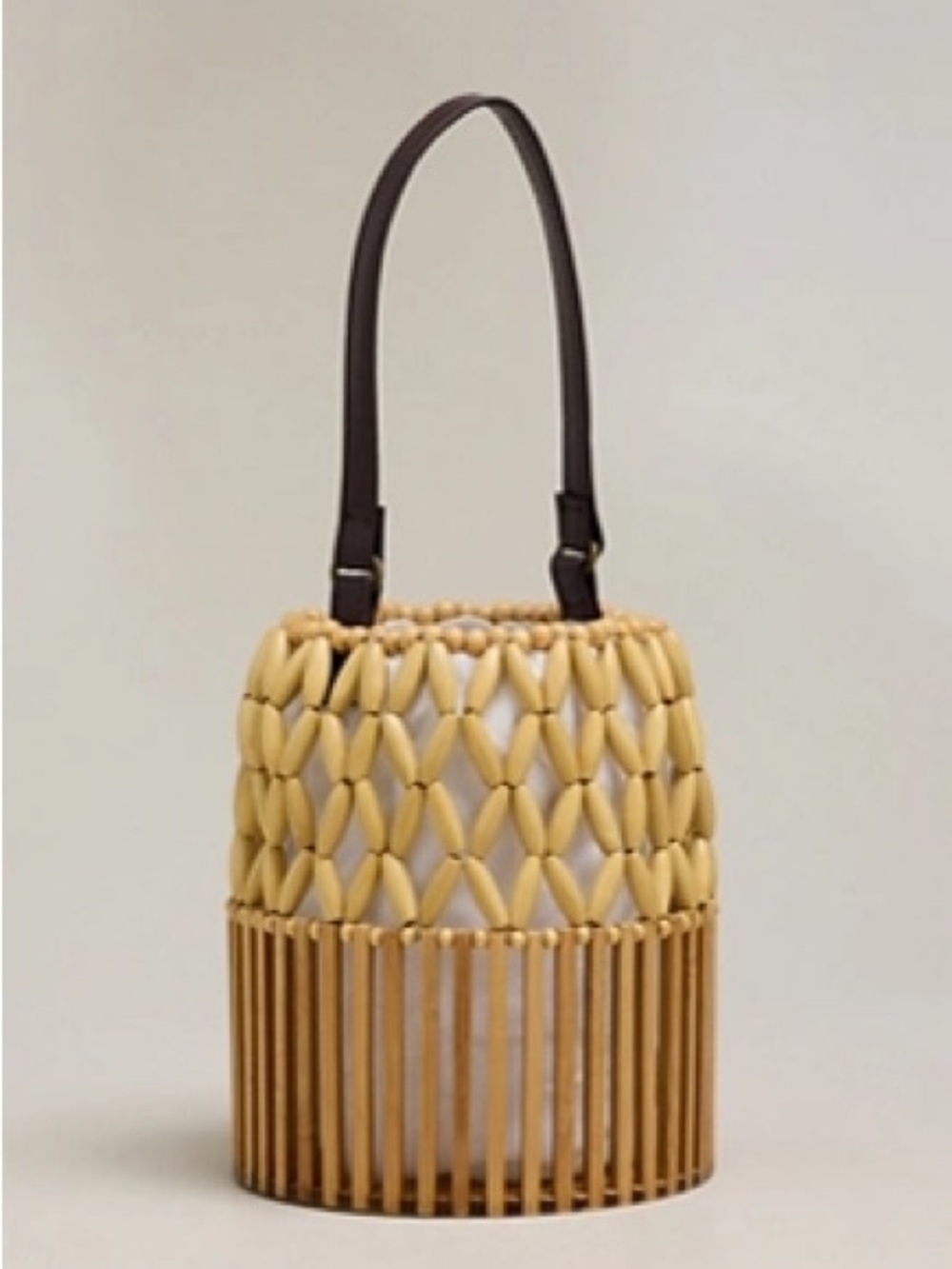 New Anthropologie melie Bianco Naomi beaded bucket bag wood crossbody wooden